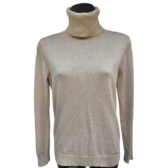 Calvin Klein Sparkly Gold Thread Beige Long Sleeve Turtleneck Sweater Women’s M - Picture 1 of 9